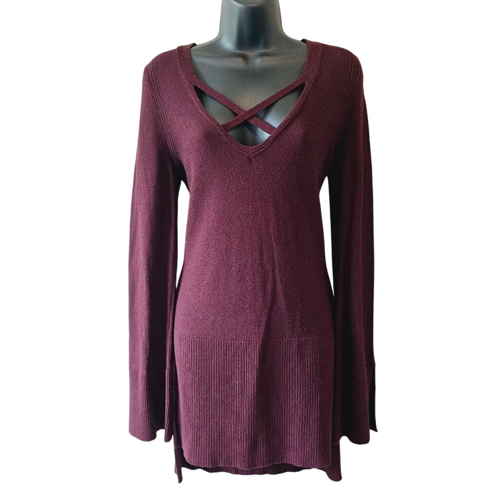 Free People Burgundy Strappy Criss‎ Cross V-Neck Tunic Sweater Small